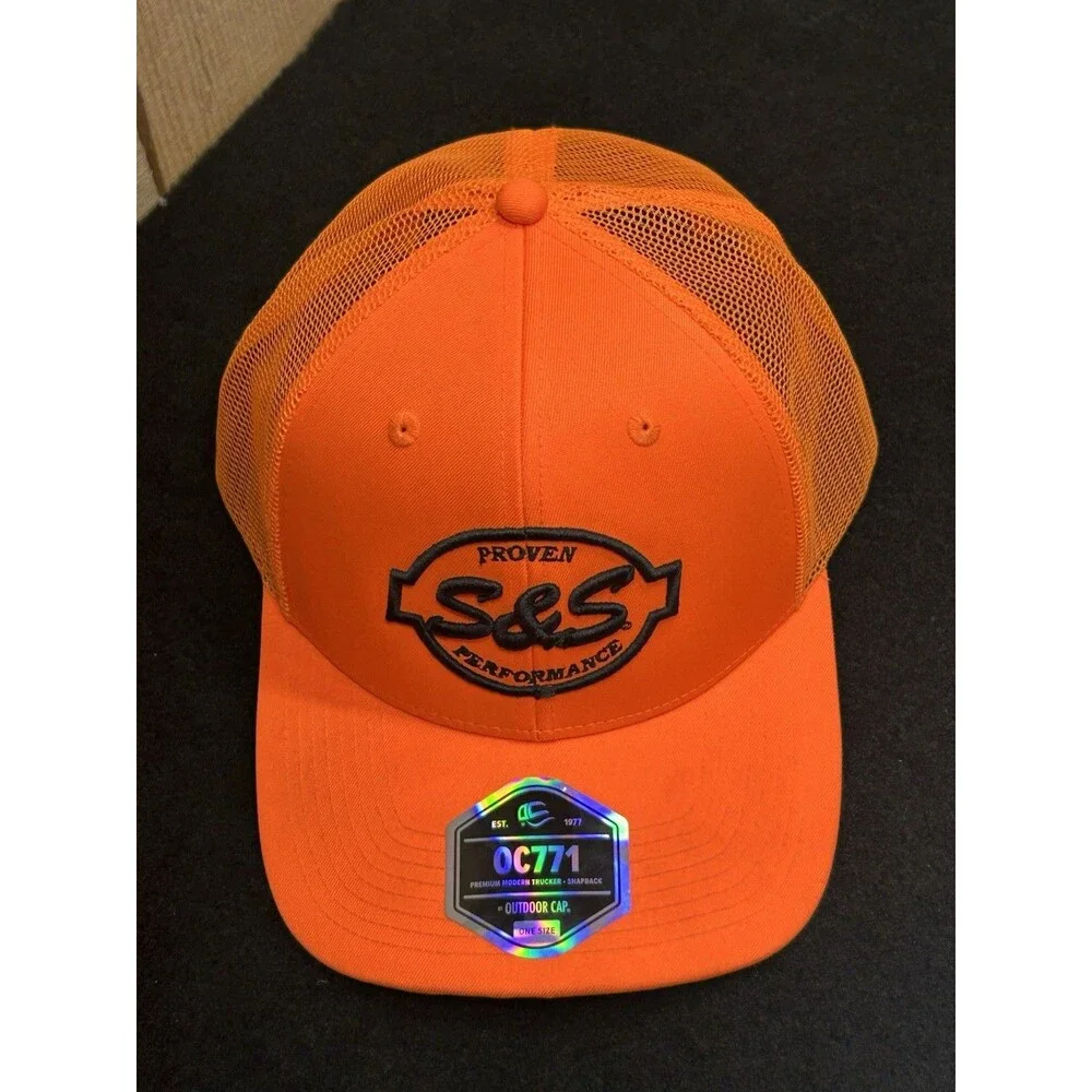 S & S Cycle Proven Performance Blaze Orange Snapback  Adjust Trucker Hat/Cap